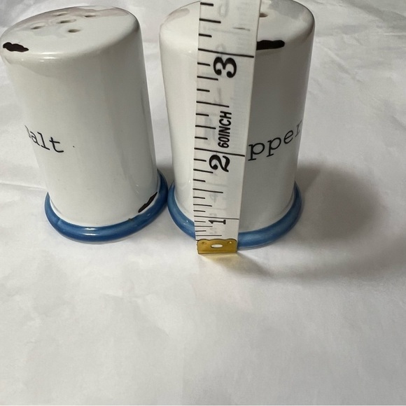 Vintage Look Ceramic Salt & Pepper Shakers White with Black Lettering & Blue Rim - Picture 5 of 7